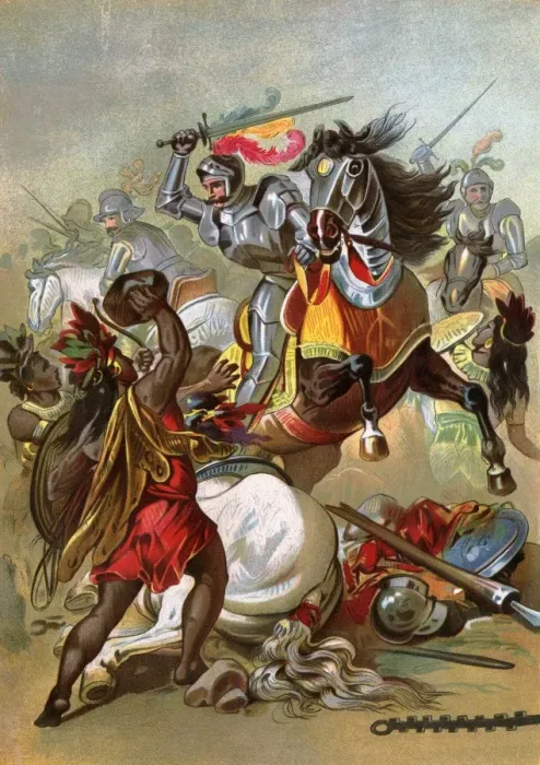 Framed Print : Hernando Cortes loses two horses in battle with Tlaxcalan natives in conquering Framed Print : Hernando Cortes loses two horses in battle with Tlaxcalan natives in conquering