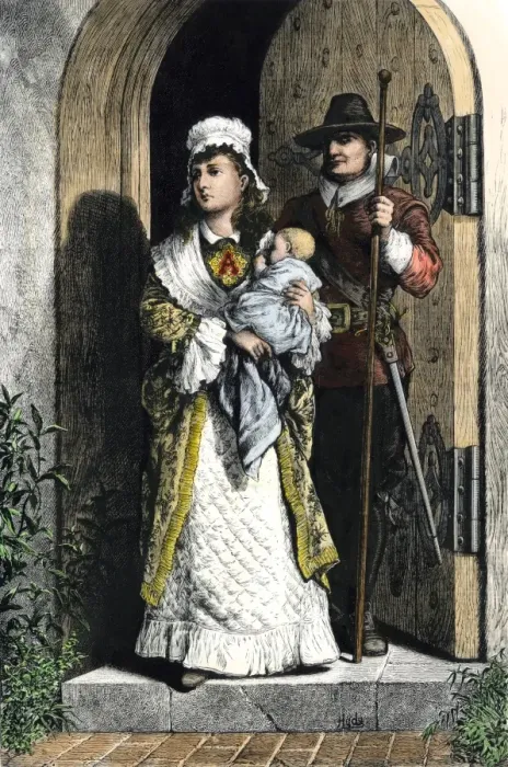 Framed Print : Hester Prynne wearing the Scarlet Letter A in a scene from Hawthornes novel Framed Print : Hester Prynne wearing the Scarlet Letter A in a scene from Hawthornes novel