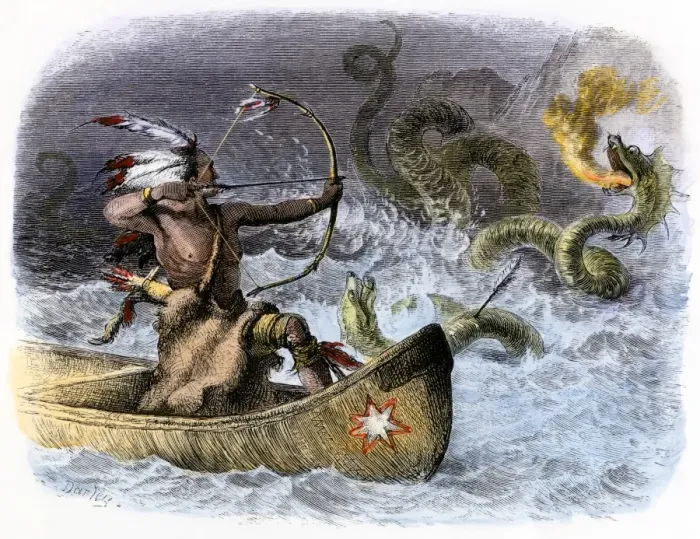 Framed Print : Hiawatha aiming his arrow at a sea-dragon