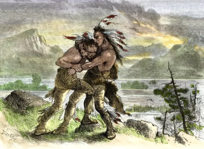 Framed Print : Hiawatha locked in combat with another Native American warrior Framed Print : Hiawatha locked in combat with another Native American warrior