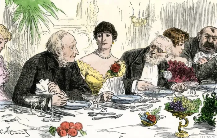 Framed Print : High society dinner guests conversing Framed Print : High society dinner guests conversing