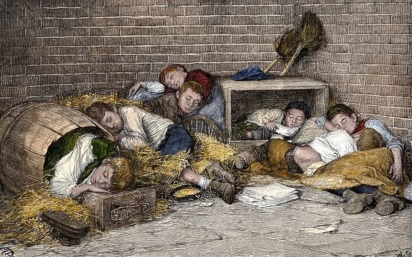 Homeless boys sleeping in an alley, 1890s