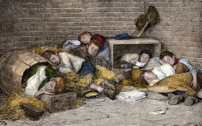 Framed Print : Homeless boys sleeping in an alley, 1890s Framed Print : Homeless boys sleeping in an alley, 1890s