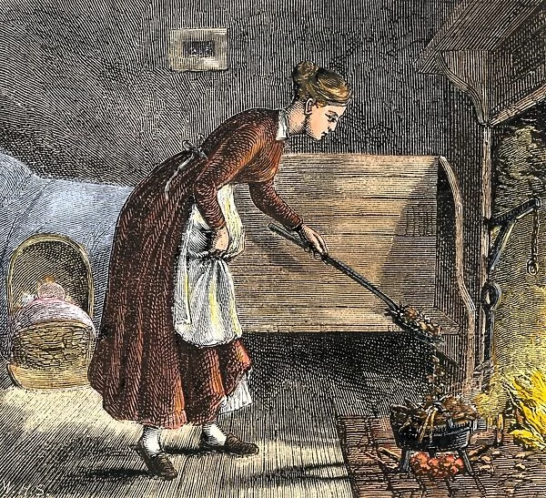 HOUS2A-00003. Pioneer mother cooking with a bake-kettle in the fireplace.