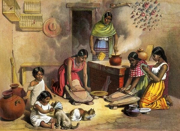 HOUS2A-00007. Mexican women making tortillas, 1800s.