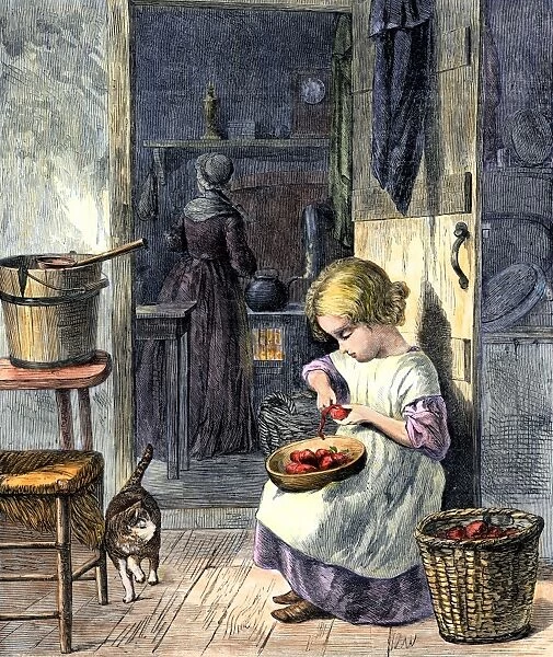 HOUS2A-00009. Young girl peeling apples for her mother.