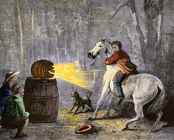 HOUS2A-00020. Boys scaring their friend with a jack-o lantern, a Halloween prank, 1800s.