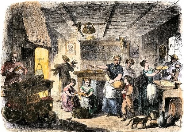 HOUS2A-00027. Family preparing Thanksgiving dinner, 1850s.