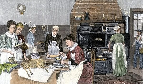 HOUS2A-00029. Women preparing Thanksgiving dinner in a big kitchen, circa 1890.