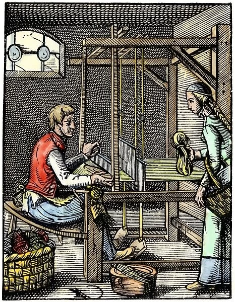 HOUS2A-00031. Weaver at his loom in Europe, 1600s.