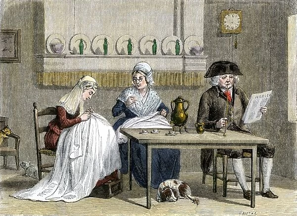 HOUS2A-00057. Old Knickerbocker family around the tea table, New York Colony, 1700s.