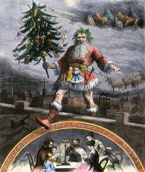 HOUS2A-00066. Santa Claus on a rooftop carrying a decorated Christmas tree, 1860s.