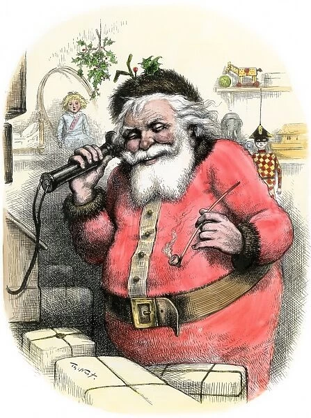 HOUS2A-00068. Santa Claus speaking to a child on the telephone, 'Hello Little One!' 1880s.