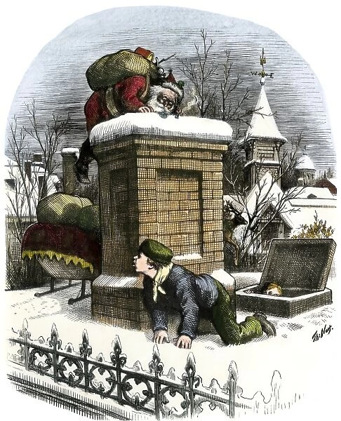 HOUS2A-00069. Santa Claus on a rooftop hiding from a boy, 1870s.