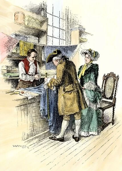 HOUS2A-00074. Couple in a dry-goods shop in colonial America