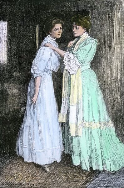 HOUS2A-00077. Two young women talking, about 1900.