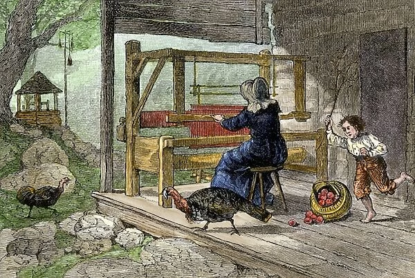 HOUS2A-00101. Woman weaving on the porch of her Appalachian cabin, 1800s.