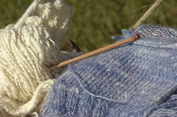 HOUS2D-00069. Knitting needles and handspun wool at a Yorktown reenactment, Virginia.