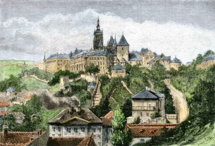 Framed Print : Hradschin Castle overlooking Prague, 1800s Framed Print : Hradschin Castle overlooking Prague, 1800s