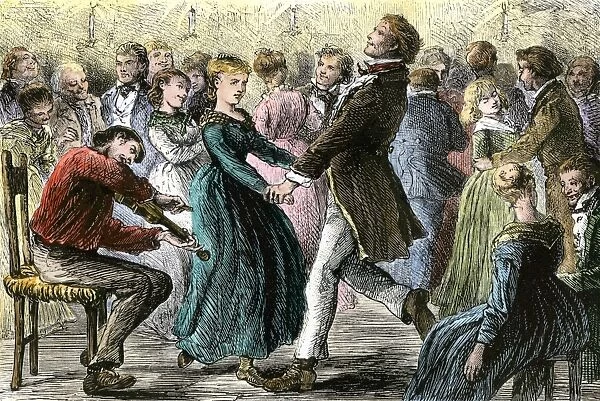 HREC2A-00009. Couples dancing to music of a fiddler at a rural hoedown, 1800s.
