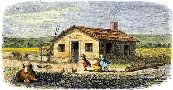 HSET2A-00003. Sod house of a homesteader family on the Great Plains, 1800s.
