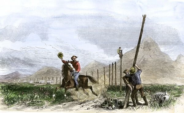 HSET2A-00006. Pony Express rider passing workers raising telegraph poles, 1860s.