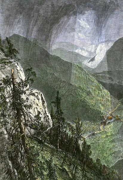 HSET2A-00016. Covered wagon coming through Cumberland Gap, viewed from Eagle Cliff, 1800s.