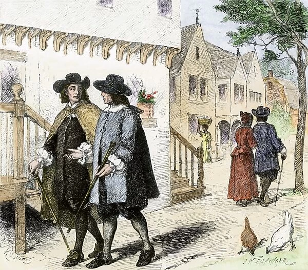 HSET2A-00036. New England colonists on a town street, late 1600s.