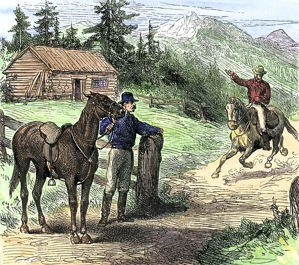 HSET2A-00038. Pony Express rider coming into a station in the Rocky Mountains.