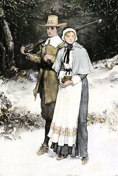 HSET2A-00039. Pilgrim couple on the way to church, Plymouth Colony.