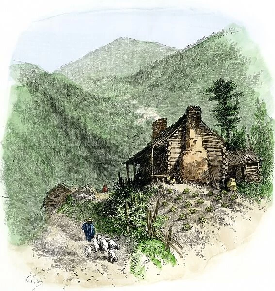 HSET2A-00055. Sheep brought home to a settler's log cabin in the Blue Ridge Mountains.