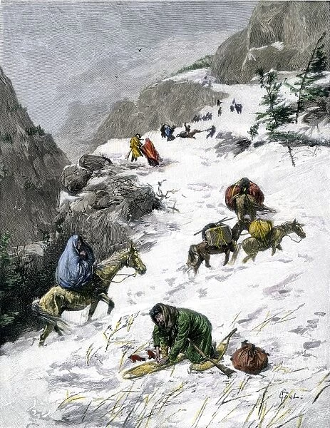 HSET2A-00062. Pioneers in snow on the trail over the Rockies, 1800s.