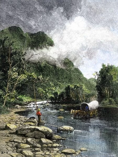 HSET2A-00070. Covered wagon fording the Cumberland River in Kentucky, 1800s.