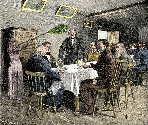 HSET2A-00073. Plantation dinner guests fanned by a slave in the Deep South