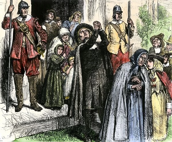 HSET2A-00076. New England colonists leaving church, 1600s.