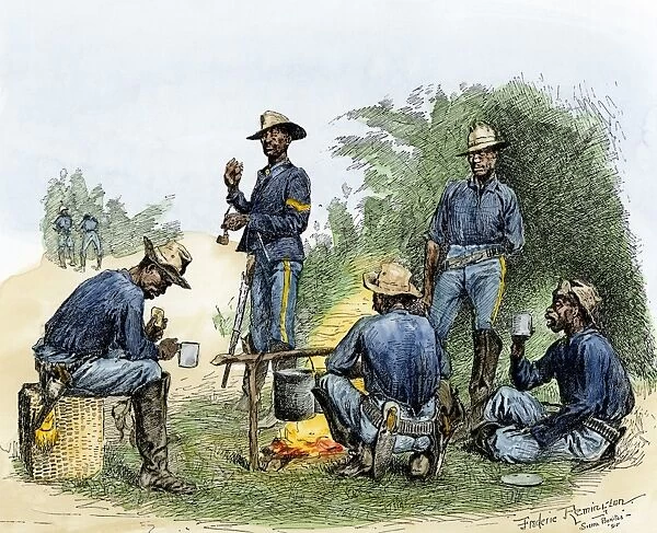 HSET2A-00077. Buffalo soldiers around a campfire, 1880s.
