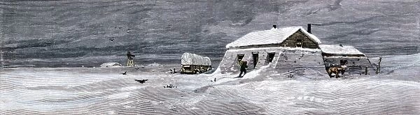 HSET2A-00091. Settlers sod house and outbuildings in winter, western prairie, 1800s.