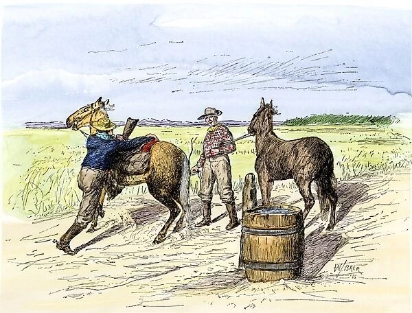 HSET2A-00095. Pony Express rider changing horses at a relay station.