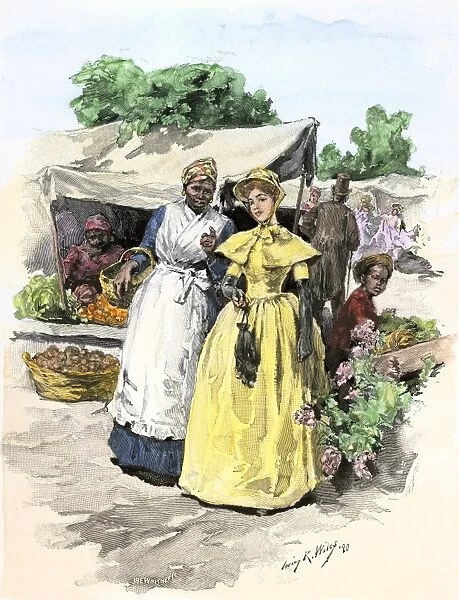 HSET2A-00096. Southern lady and her African-American slave in an outdoor market, 1800s.