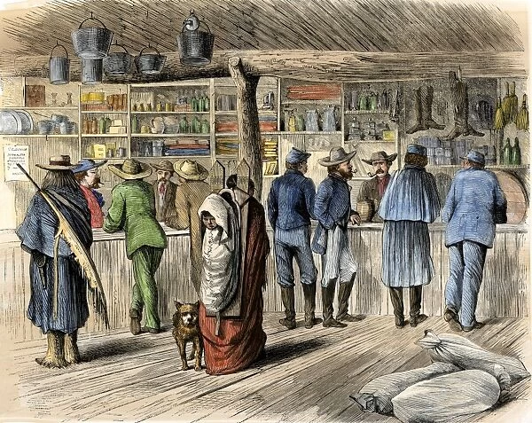 HSET2A-00103. Traders and soldiers in the sutler's store at Fort Dodge, Kansas, 1860s.