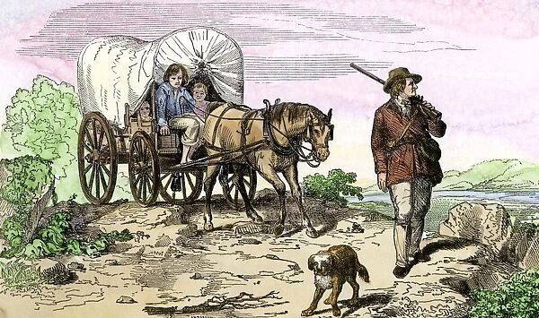 HSET2A-00112. Pioneer family moving west in a covered wagon, 1840s.