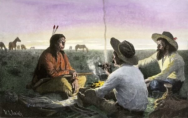 HSET2A-00113. Native American joining cowboys at their campfire, late 1800s.