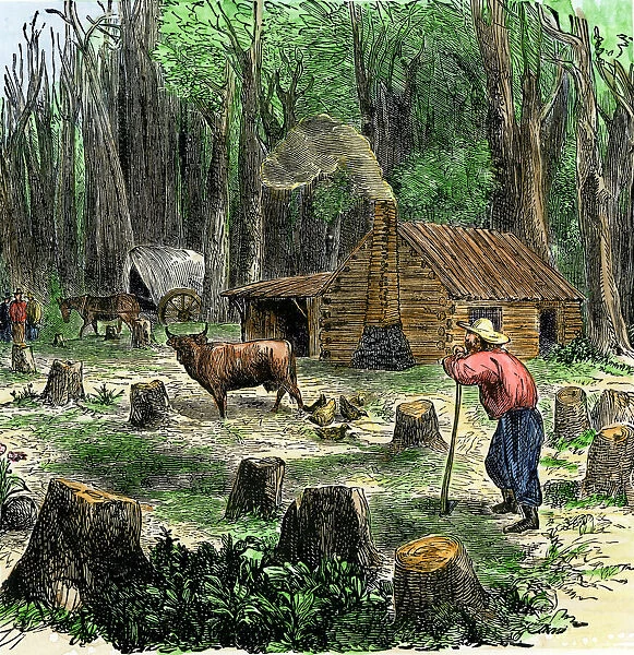 HSET2A-00122. Pioneer clearing land around his log cabin.