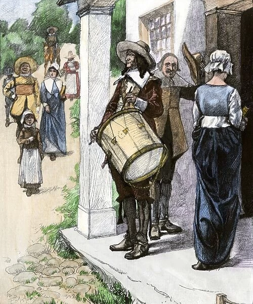 HSET2A-00126. Drummer calling early New England colonists to church service, 1600s.