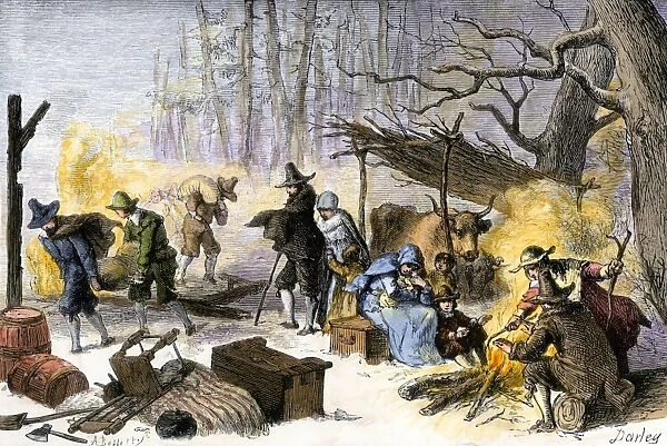 HSET2A-00127. English Puritan settlers arriving on the winter shores of Cape Cod.