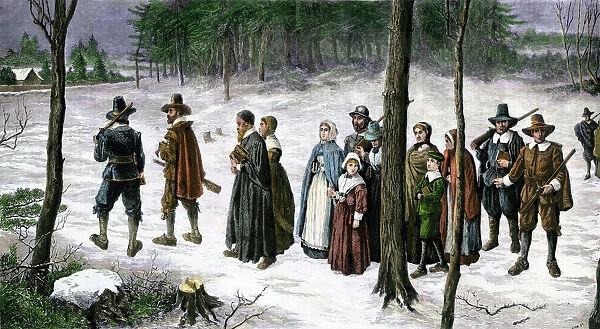 HSET2A-00128. New England Puritans on their way to church in the snow.