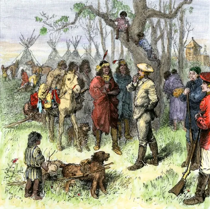 Framed Print : Hudson Bay Company traders discuss the price of a horse with Native Americans Framed Print : Hudson Bay Company traders discuss the price of a horse with Native Americans