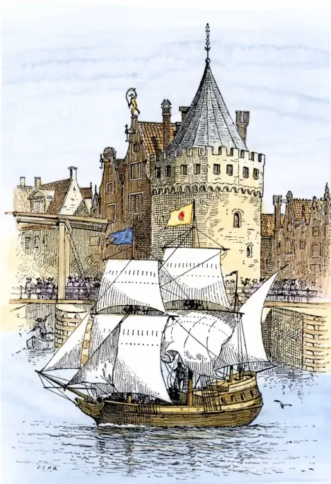 Framed Print : Hudsons ship Half-Moon leaving Amsterdam for the New World