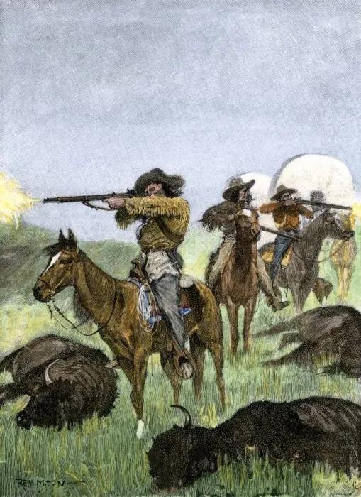 Framed Print : Hunting buffalo to feed a wagon train of pioneers Framed Print : Hunting buffalo to feed a wagon train of pioneers