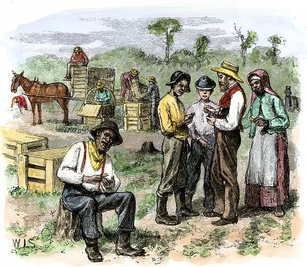 HUSG2A-00009. African-American workers collecting pay after harvesting